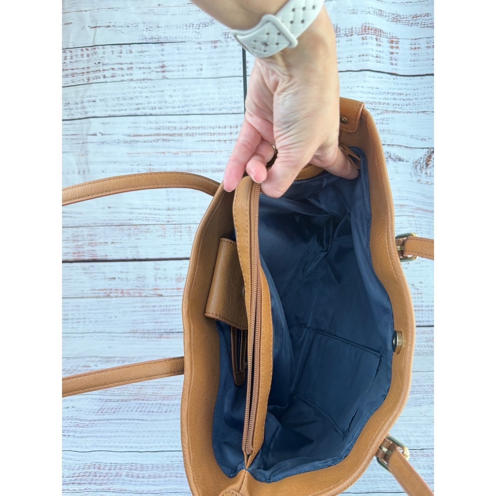 Bueno Navy Blue Cognac Brown Pebbled Vegan Leather Triple Compartment Tote Bag - Picture 4 of 7
